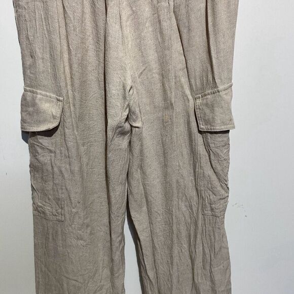 Blue Sol Women's Cream Drawstring Linen Blend Wide Leg Cargo Pants Size Medium - Picture 7 of 11